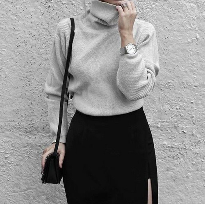 pull-en-laine-femme-pull-gris-jupe-noire-montre-stylee