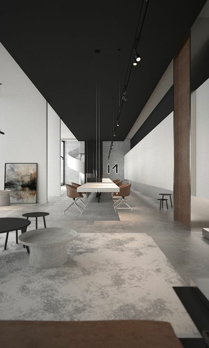 1-amenager-une-chambre-en-longueur-interieur-industriel-couleur-gris-noir-tapis-beige-table-laque-blanche