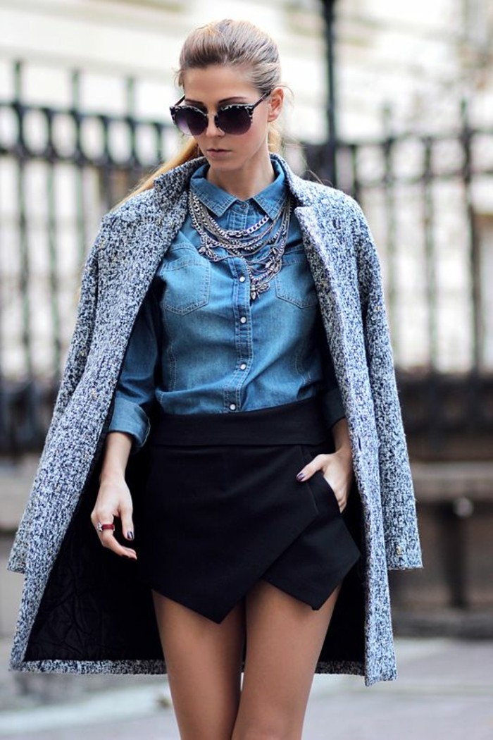 chemise-en-jean-jupe-coirte-et-manteau-femme-gris-chine