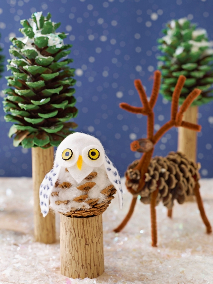 idée activité manuelle automne hiver facile, bricolage de noel pour petits, diy hibou en pomme de pin avec ailes et tête en feutrine