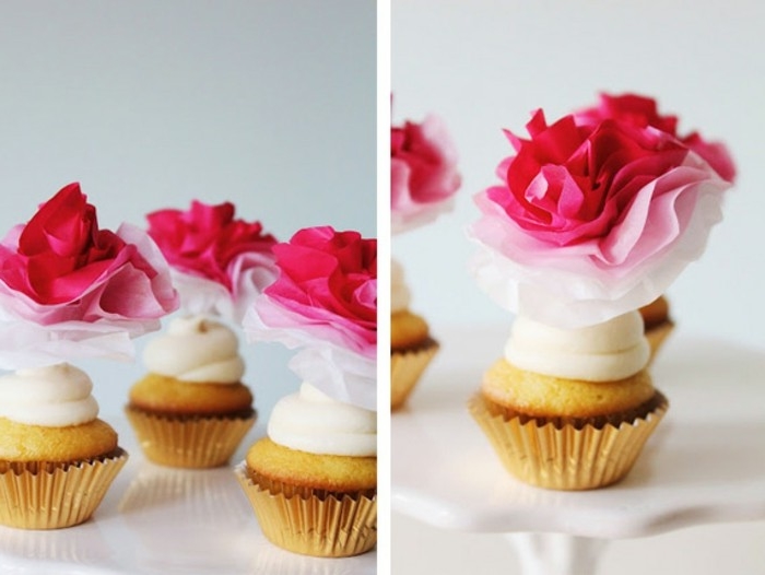 des-cupcakes-delicieux-decores-de-fleur-papier-de-soie-rose-de-nuances-differentes