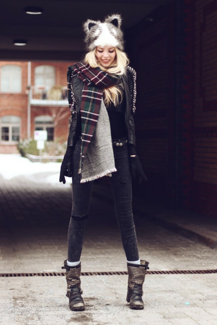 s82f5p-l-610x610-hat-bloggers-cats-falloutfits-scarf-cute-fluffy-falloutwear-pants-jeggings-boots-shoes-black-blondehair-flannelscarf-girly-lookbook-winteroutfits-catears-falljacket-leather