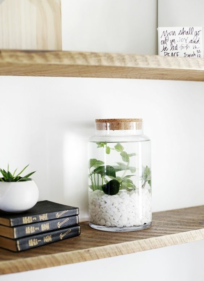 1que-faire-avec-des-pots-de-yaourt-en-verre-livres-vase-plantes-vertes-étagère-en-bois