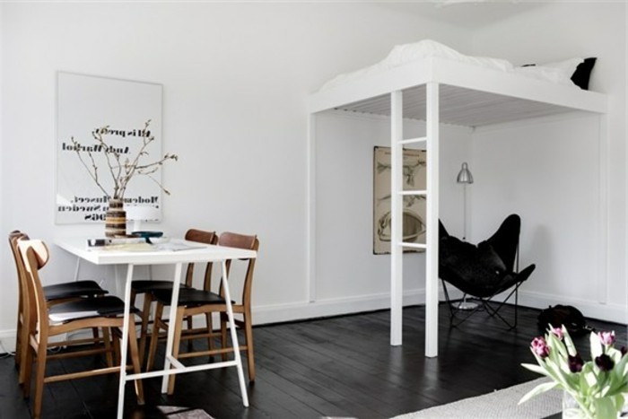 amenagement-petit-espace-table-a-manger-lit-superpose-chaise-en-cuir-confortable