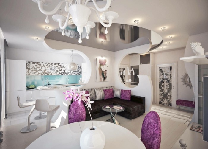 amenager-un-petit-appartement-design-chic-en-blanc-et-violet-peinture-motifs-floraux