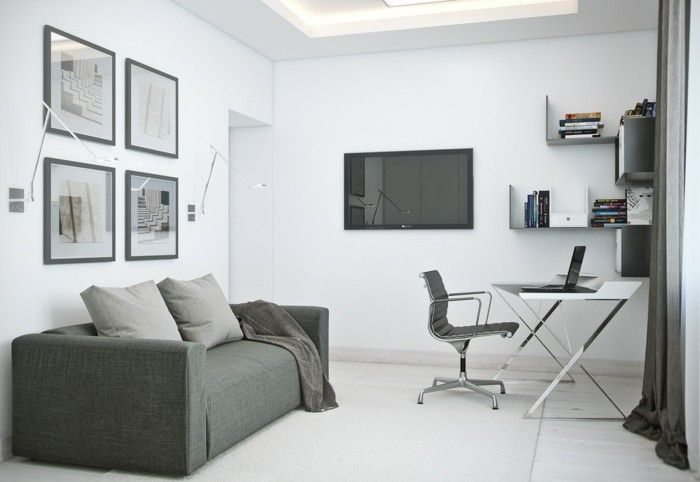 amenager-un-petit-appartement-design-moderne-en-blanc-et-gris-mobilier-classique