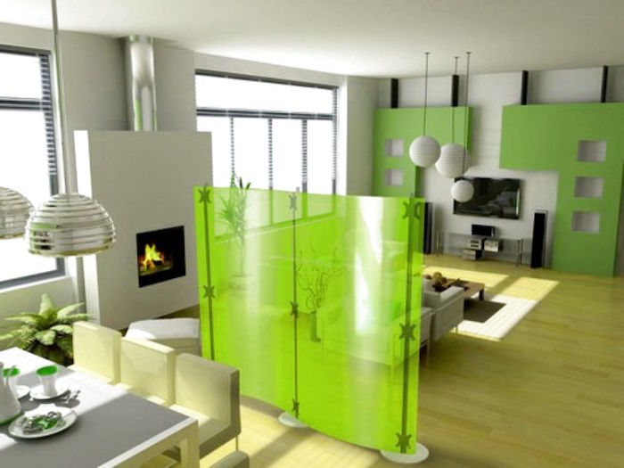 bibliothèque separation piece séparateur de pièce idee rideau design meuble sepateur amovible vert