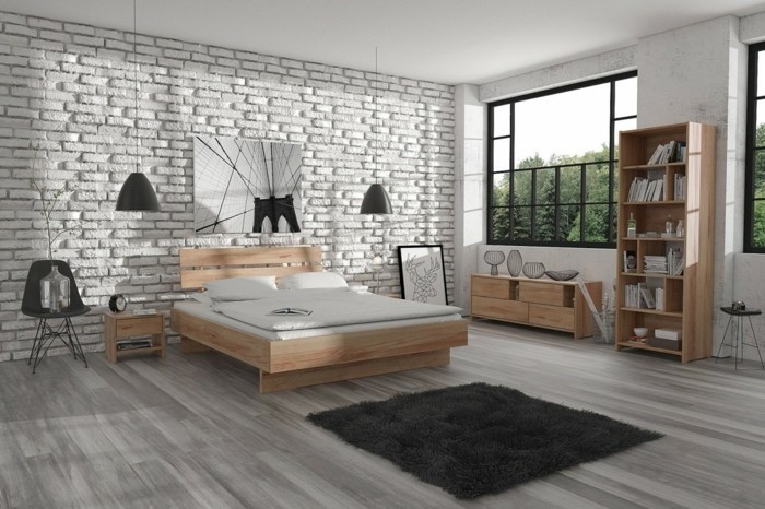 chambre-scandinave-style-urbain-meuble-scandinave-bois-lit-bibliotheque-buffet-bas-scandinave-mur-en-briques-blanc-tapis-gris-decor-en-noir-et-blanc