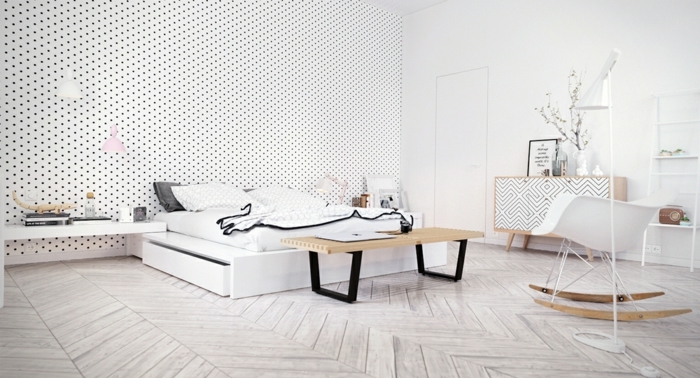 chambre-tout-en-blanc-papier-peint-blanc-a-petits-points-noirs-meuble-customise-a-motifs-geometriques-chaise-a-bascule-scandinave-parquet-scandinave