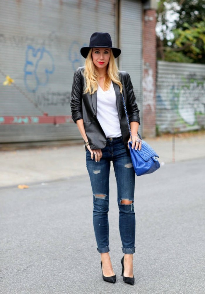 code-vestimentaire-paire-de-jeans-déchirés-veste-en-cuir-noir-chapeau-élégant