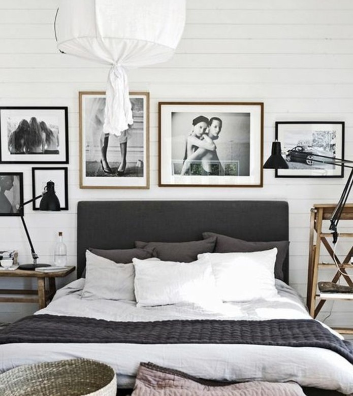 idee-deco-scandinave-couleur-peinture-blanche-linge-de-lit-en-gris-et-blanc-decoration-de-photos-en-noir-et-blanc