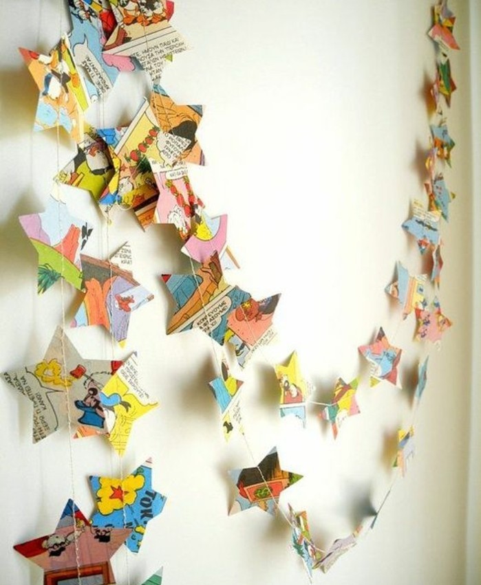 idee-recyclage-papier-etoiles-attachees-ensemble-papier-multicolore-a-motifs-flashy