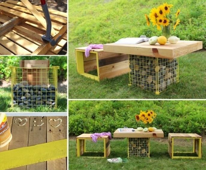 idée-intéressant-coin-repos-jardin-en-plein-air-table-gabion-et-un-banc-en-palette-a-faire-soi-meme