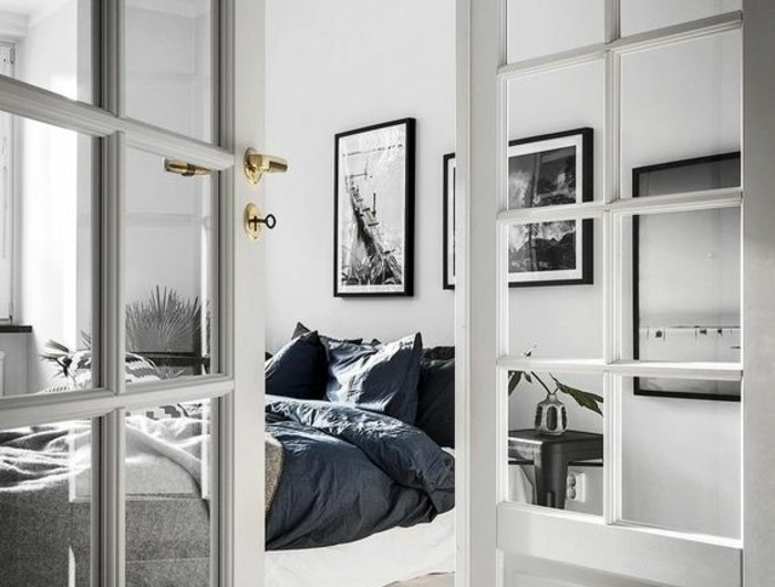 linge de lit en bleu noir et gris decoration murale de photos noir et blanc couleur mur blanche exemple de decoration scandinave e1483447872919