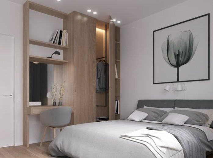 meuble-scandinave-en-bois-linge-de-lit-gris-mur-peinture-blanche-decoration-tableau-representant-une-tulipe-en-noir-et-blanc