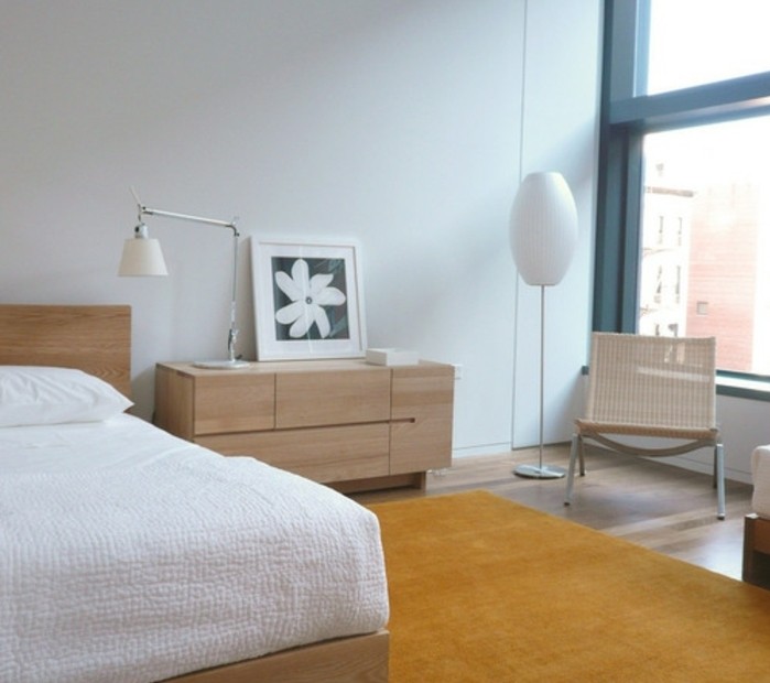 meuble-scandinave-idee-comment-amenager-une-chambre-mobilier-en-bois-tapis-jaune-couleur-mur-blanc