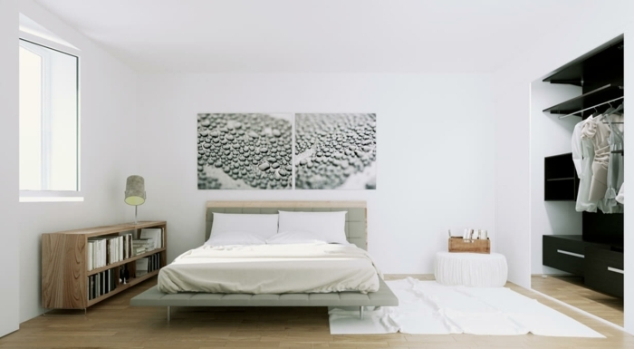 parquet-clair-chambre-scandinave-etagere-sur-le-sol-lit-moderne-et-dressing-design-decor-blanc