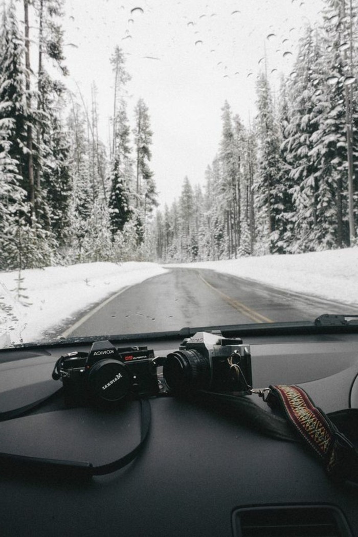 paysage-montagne-neige-voiture-chemin-appareil-photo-sapins