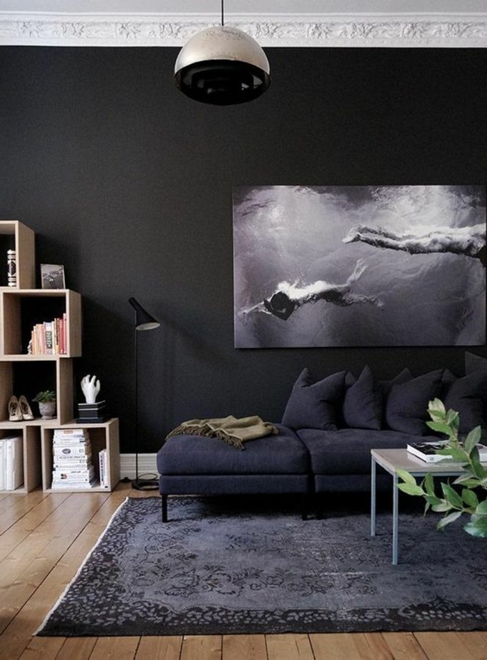 salon-moderne-gris-tapis-moelleux-épais-peinture-noire-et-blanche