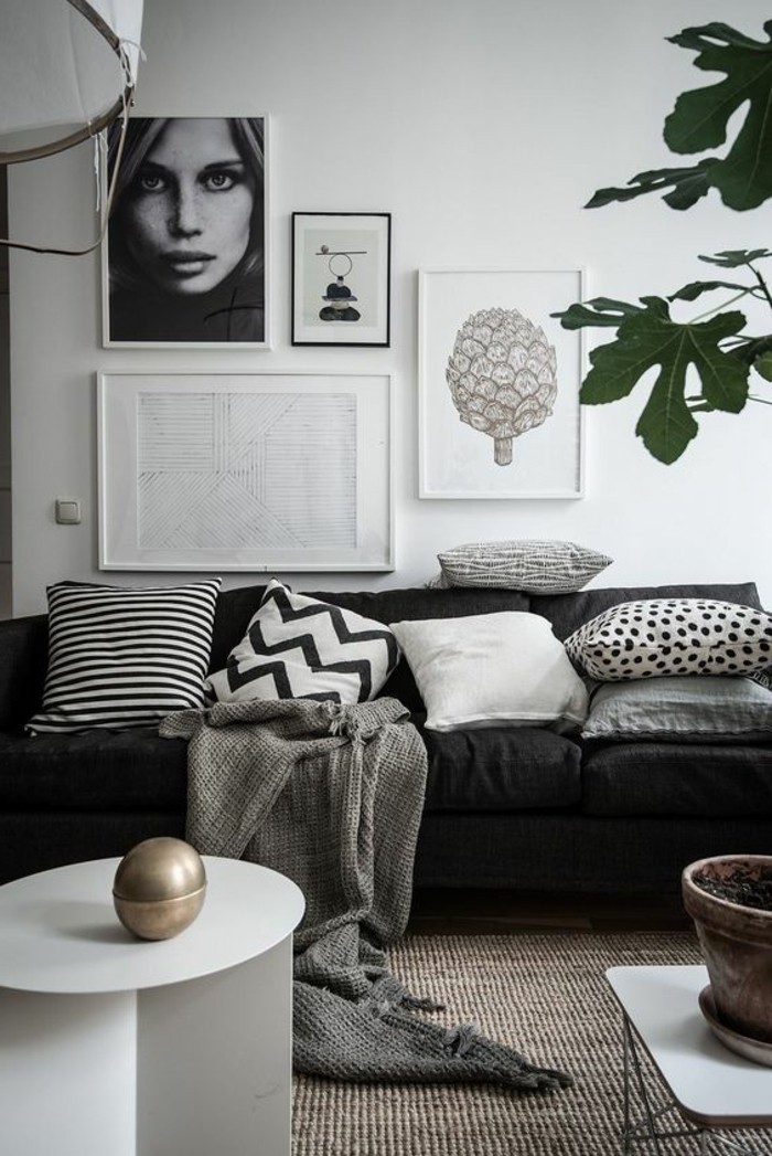 salon-noir-blanc-gris-portrait-noir-et-blanc-sofa-moderne