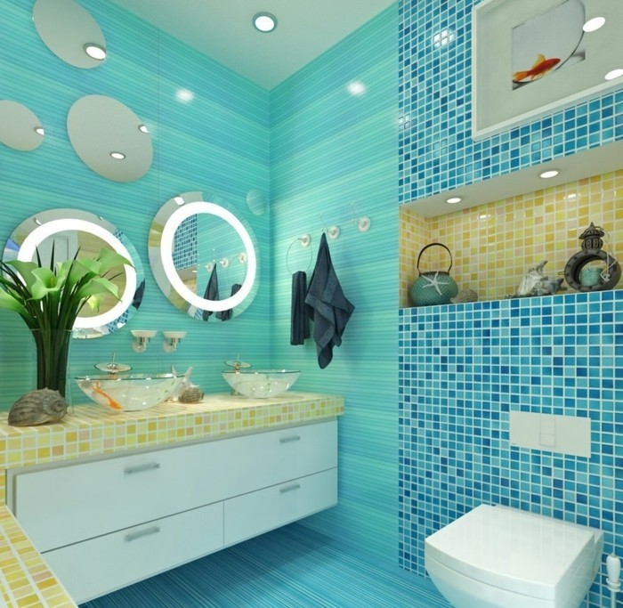 salle-de-bain-turquoise-plante-inspiration-mer-aquarium-miroirs-ronds-photo-poisson