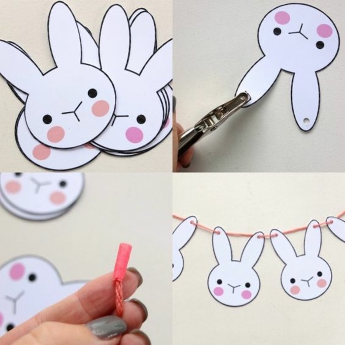 activité-manuelle-maternelle-pour-paques-une-guirlande-lapin-en-papier-tetes-idée-comment-créer-une-décoration-printemps-paques