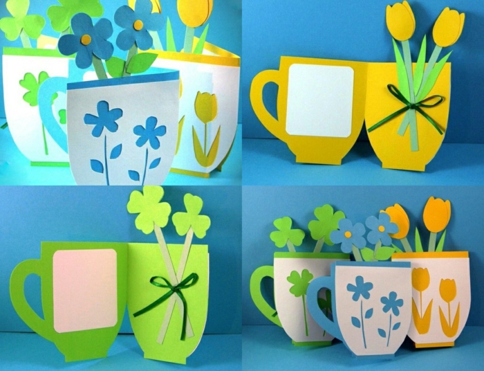 une carte à voeux, en couleurs du printemps, en forme de tasse à the, fleurs en papier decoratifs, idée activité manuelle primaire