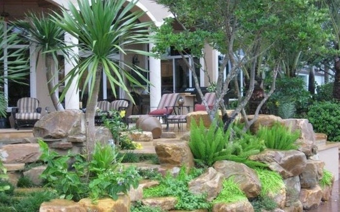amenagement-coin-détente-naturel-a-l-extérieur-d-une-maison-exotique-palmier-arbustes-idée-comment-faire-une-rocaille