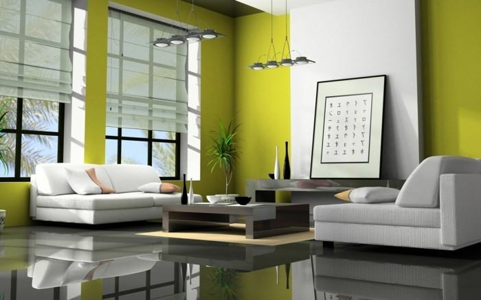 feng shui couleurs, murs verts, sol gris miroir, meuble blanc, table basse, lampes suspendues