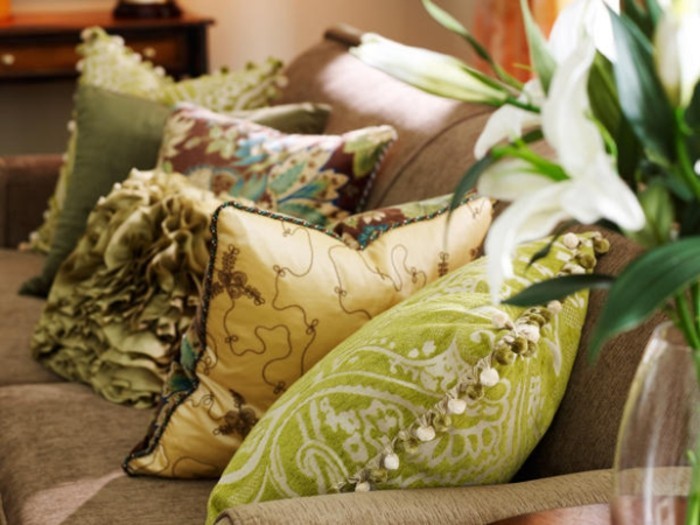 feng shui salon, plantes vertes, coussins décoratifs à motifs floraux, armoire en bois