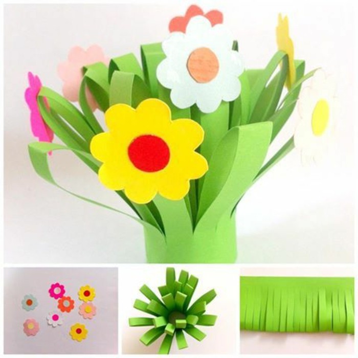 bouquet-de-fleurs-en-papier-activité-manuelle-primaire-idée-comment-faire-des-fleurs-en-papier-diy-pétales-multicolores-et-tiges-verts-bricolag-enfant-facile