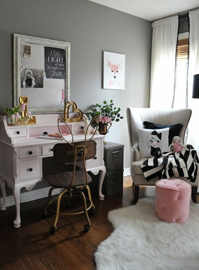 chambre-ado-fille-bureau-déco-vintage-tapis-blanc