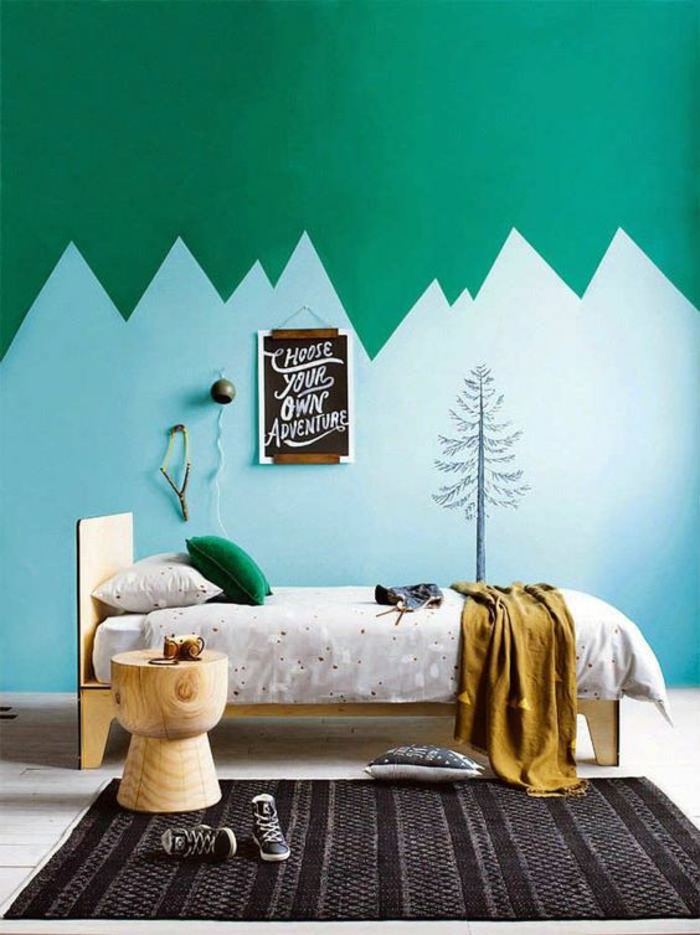chambre-d'ado-garçon-espace-créatif-mur-original-vert-et-bleu