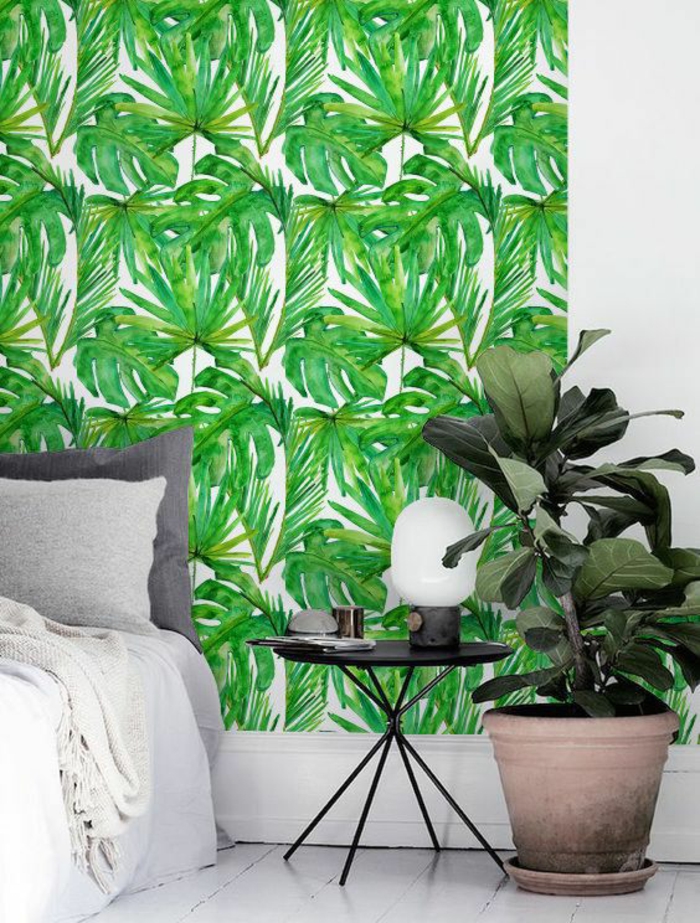chambre-à-coucher-blanc-et-gris-papier-peint-jungle-vert
