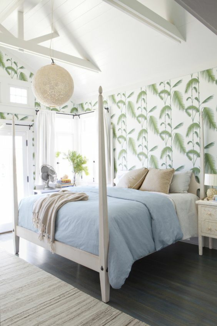chambre-à-coucher-intérieur-tropical-papier-peint-feuille-palmier