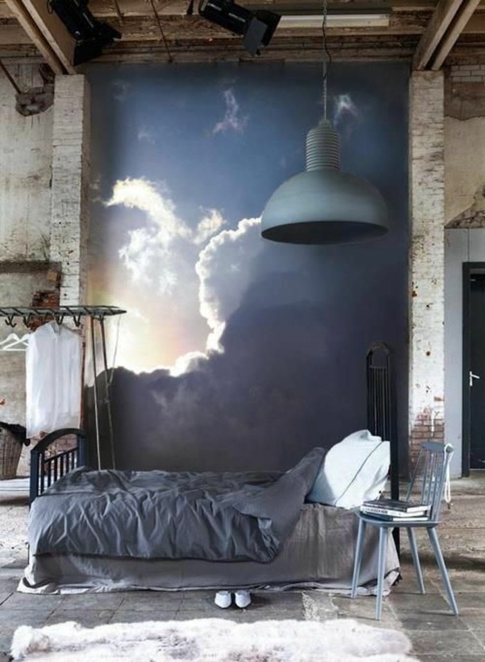 chambre-à-coucher-style-industrile-papier-peint-3d-ciel-nuages-