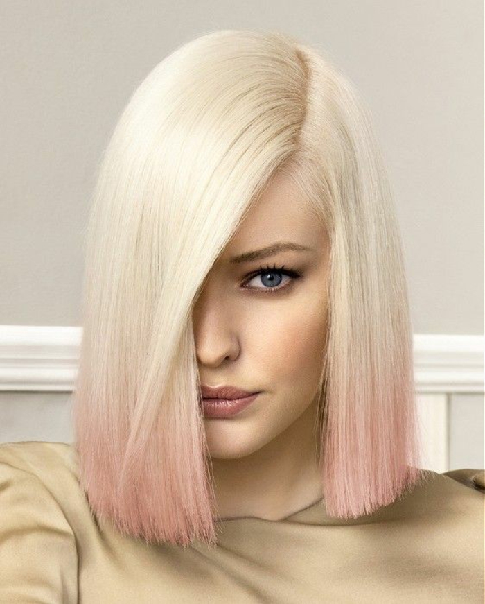comment adopter le blond polaire, une coupe carré très élégante et un tie and dye couleur rose pastel