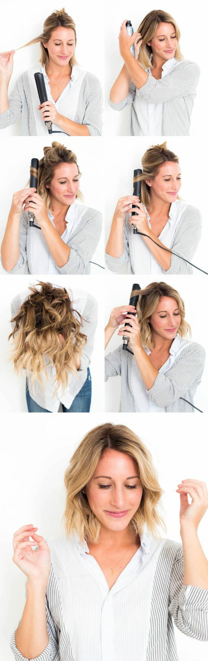 How to make curls with straight white shirt gray denim jacket
