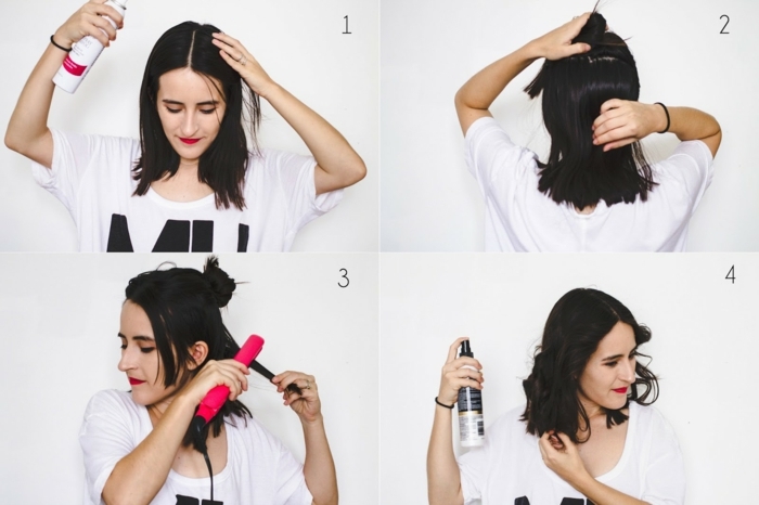 How To Curl Your Hair With Hair Straightener Tutorial 4 Steps Lipstick Red T-Shirt