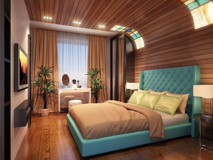 idée couleur chambre, murs en bois, tête de lit turquoise, rideaux longs marron