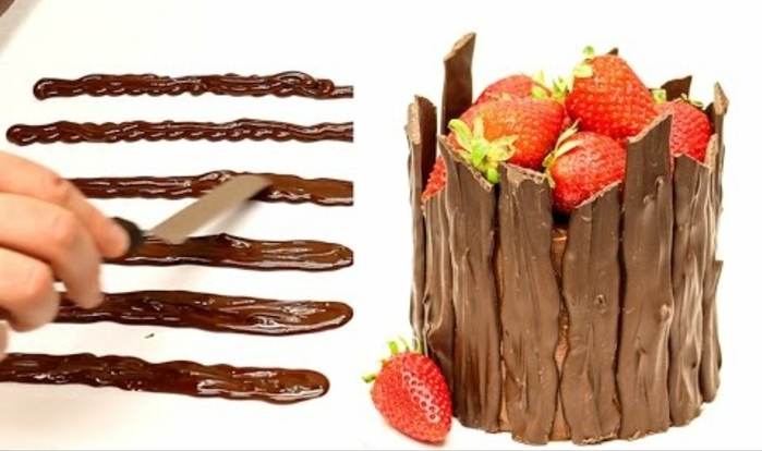deco-gateau-bordure-a-des-pieces-rectangulaires-en-chocolat-idée-comment-faire-des-décors-en-chocolat-gateau-au-chocolat-et-fraises