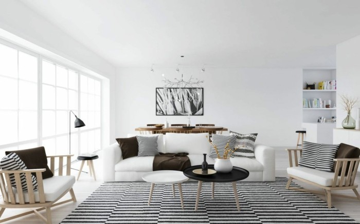 feng shui facile, plafond blanc, parquet en bois claire, peinture blanc et noir, table en bois