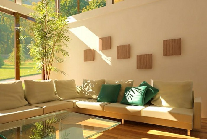 salon feng shui, plantes vertes, grandes fenêtres, lumière naturelle, table en verre