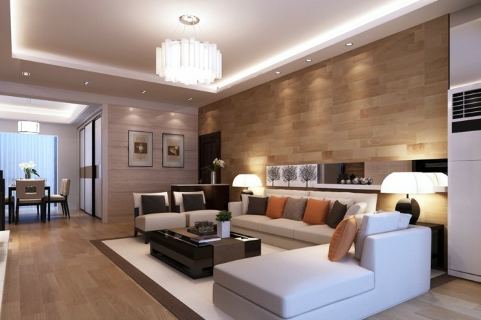 salon feng shui, parquet en bois clair, plafond suspendu, table basse noire, canapé blanc