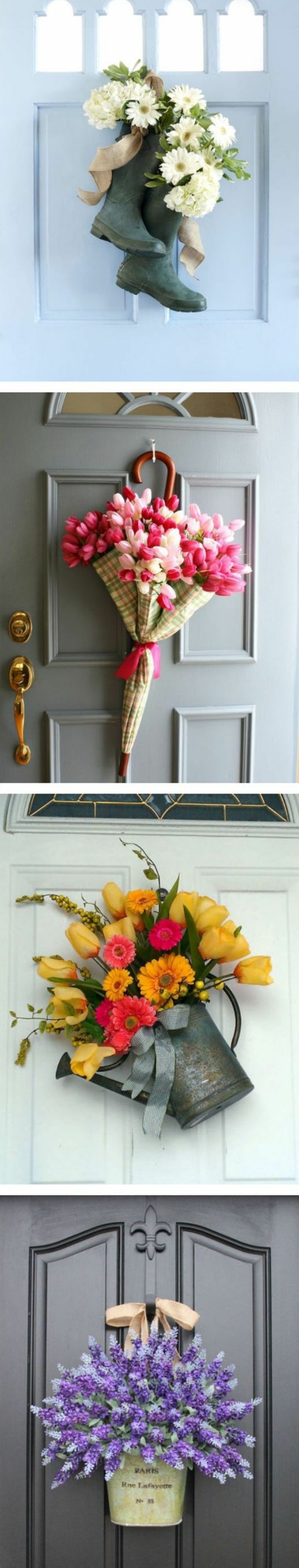 decoration-florale-porte-entrée-maison-idée-ctivité-créative-printemps-bouquets-de-fleurs-dans-des-bottes-parapluie-fleurie-et-arroisoir-pleine-de-fleurs-bricolage-adulte