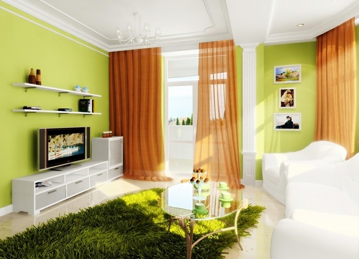 aménager son salon, murs verts, plafond blanc, tapis fausse fourrure, rideaux longs