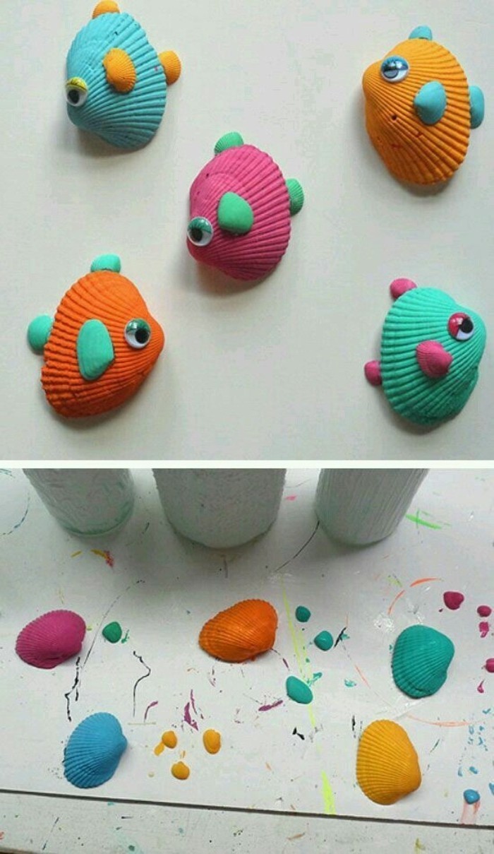 des coquilles de mer repeintes en couleurs diverses avec des yeux mobiles, activité manuelle maternelle pour l'été