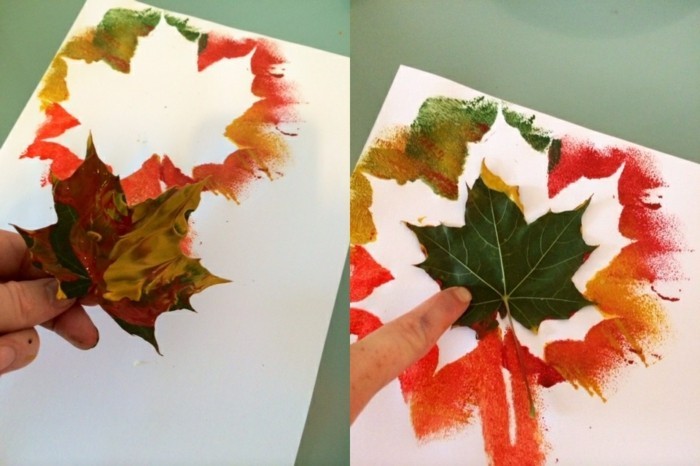 feuilles recouvertes de peinture et impreintes sur du papier, idée activité manuelle maternelle à faire soi meme