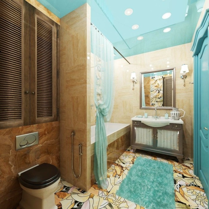 faience-salle-de-bain-deco-beige-turquoise-bois-rideaux-baignoire-lampe