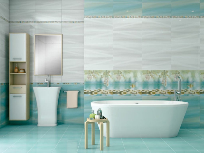 faience-salle-de-bain-turquoise-et-gris-décoration-naturelle-miroir-cadre-or-baignoire